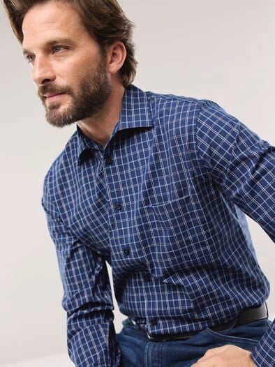 Extraglatt-Hemd Walbusch-Kragen Karo Marine