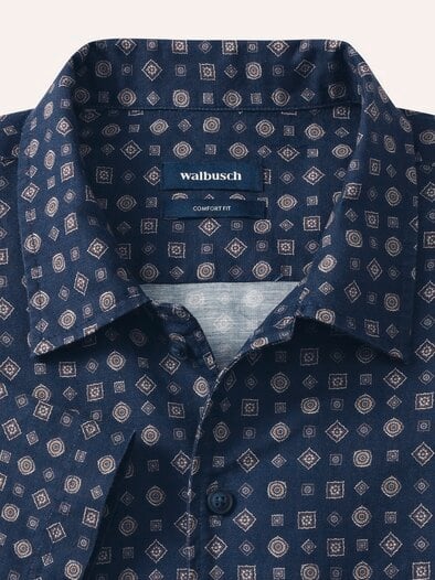 Leinen-Mix Revers-Kragen-Hemd Druck Marine