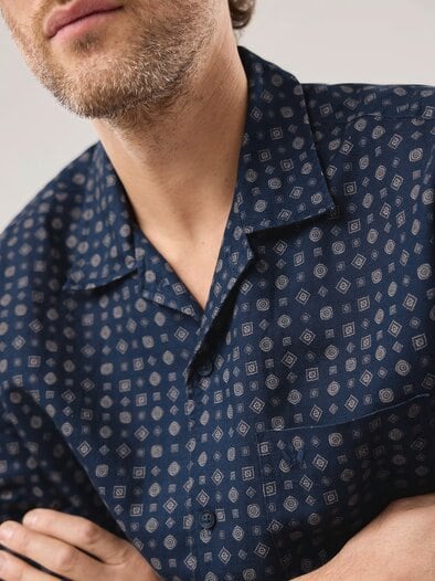 Leinen-Mix Revers-Kragen-Hemd Druck Marine