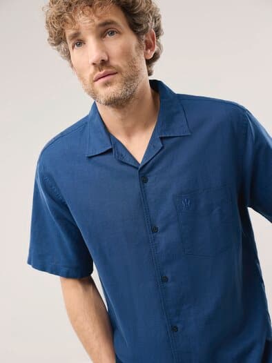 Leinen-Mix Revers-Kragen-Hemd Marine