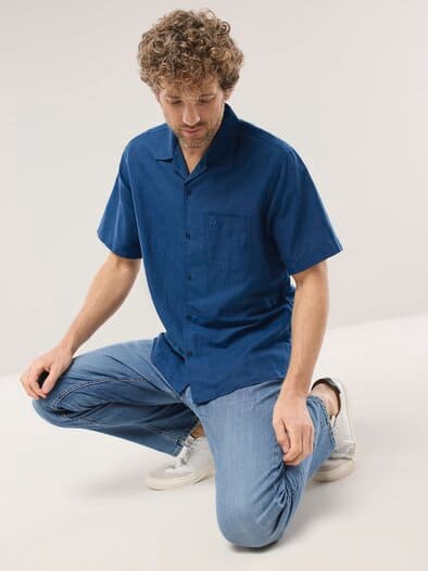 Leinen-Mix Revers-Kragen-Hemd Marine