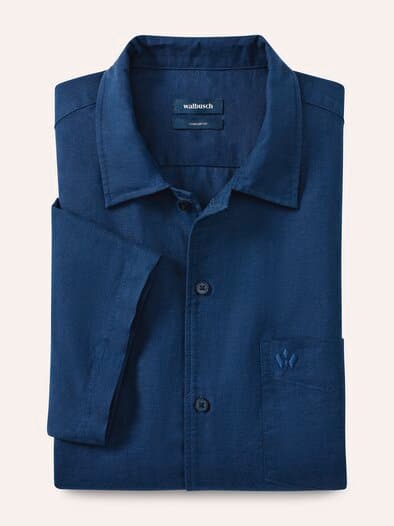 Leinen-Mix Revers-Kragen-Hemd Marine