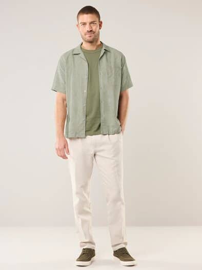 Leinen-Mix Revers-Kragen-Hemd Oliv