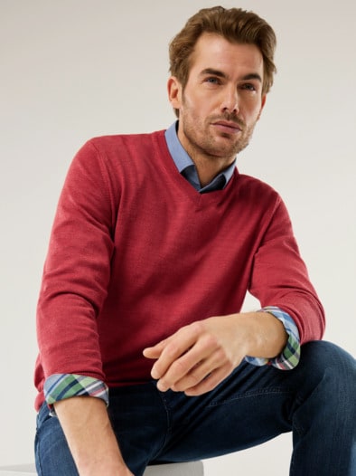 Merino-Mix V-Pullover Korallenrot