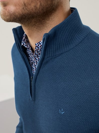 Struktur-Troyer Herbstlaub Jeansblau