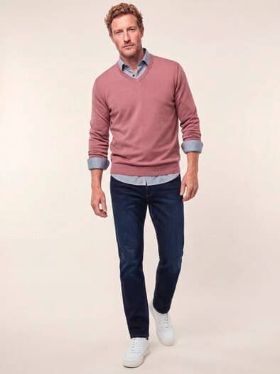 V-Pullover Merino Extrafein Rosenholz