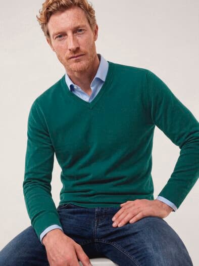 V-Pullover Merino Extrafein Blaugrün