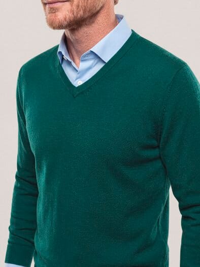 V-Pullover Merino Extrafein Blaugrün