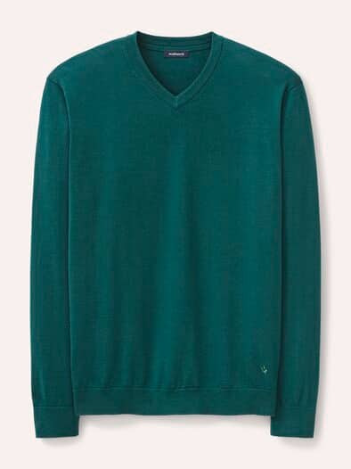V-Pullover Merino Extrafein Blaugrün