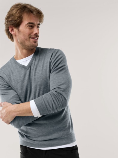 V-Pullover Merino Extrafein Grau Melange