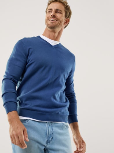 V-Pullover Merino Extrafein Königsblau
