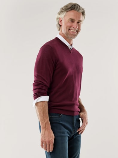 V-Pullover Merino Extrafein Bordeaux