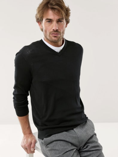 V-Pullover Merino Extrafein Schwarz