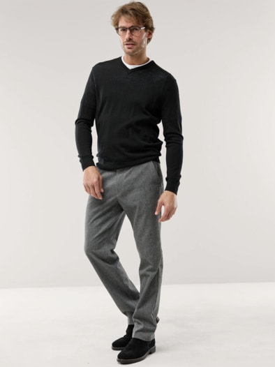 V-Pullover Merino Extrafein Schwarz