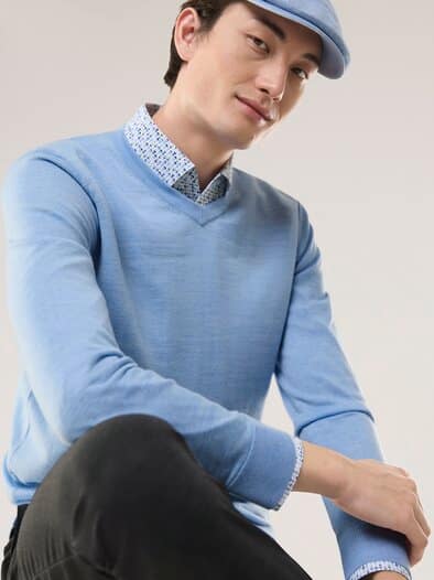 V-Pullover Merino Extrafein Hellblau