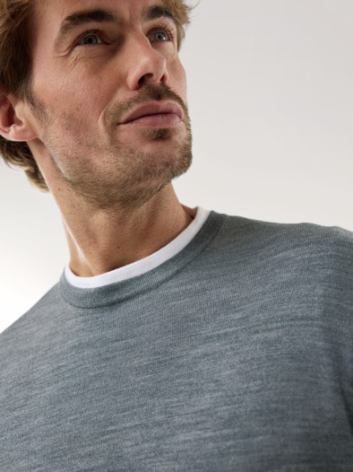 Rundhals-Pullover Merino Extrafein Grau Melange