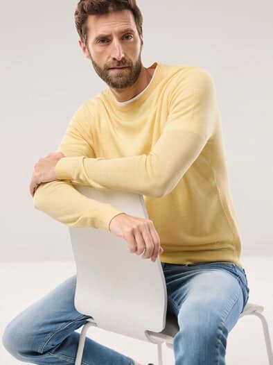 Rundhals-Pullover Merino Extrafein Zitronengelb
