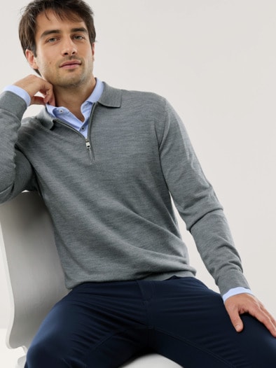 Polo-Pullover Merino Extrafein Grau Melange