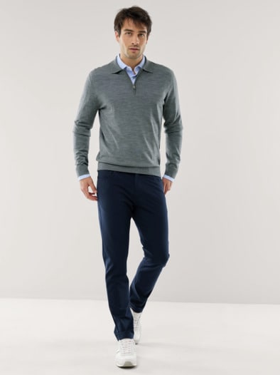 Polo-Pullover Merino Extrafein Grau Melange