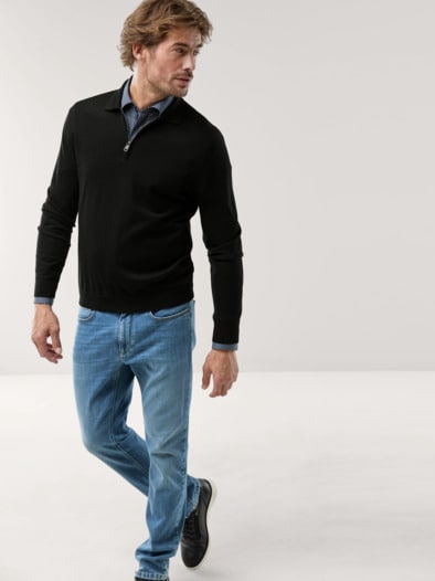 Polo-Pullover Merino Extrafein Schwarz