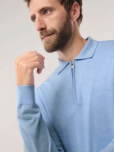Polo-Pullover Merino Extrafein Hellblau