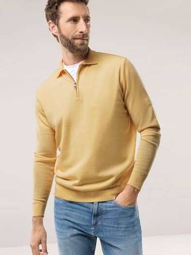Polo-Pullover Merino Extrafein Zitronengelb