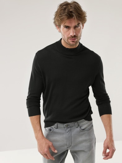 Stehbund-Pullover Merino Extrafein Schwarz