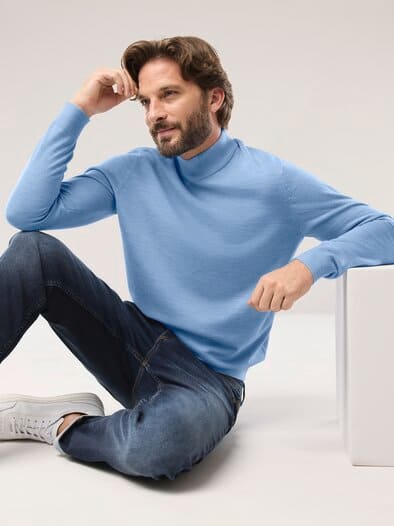 Stehbund-Pullover Merino Extrafein Hellblau