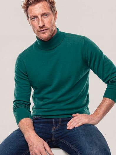 Stehbund-Pullover Merino Extrafein Blaugrün