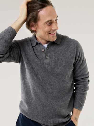 Patentstrick-Polopullover Grau Melange