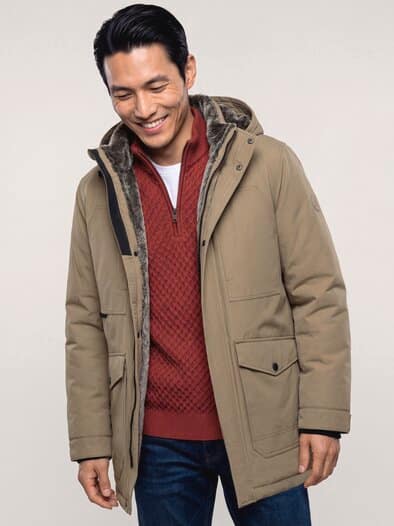 Warme Langjacke mit Kunstfell Beige