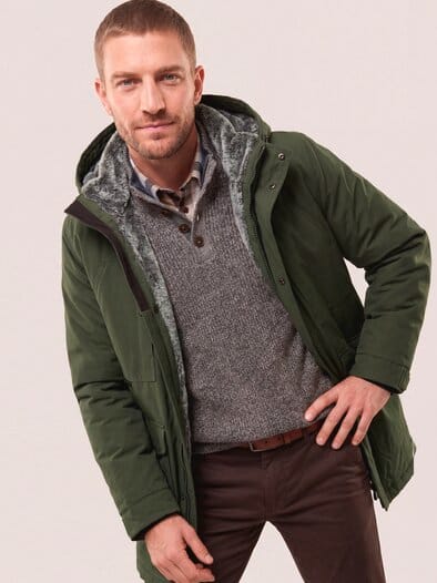 Warme Langjacke mit Kunstfell Oliv