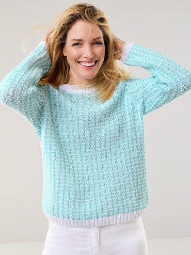 Bändchen Pullover Bicolor Aqua/Weiß