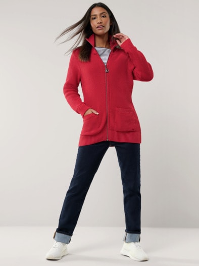 Zip-Longstrickjacke Kirschrot