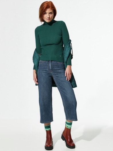 Stehbund-Pullover Diagonalrippe Smaragd