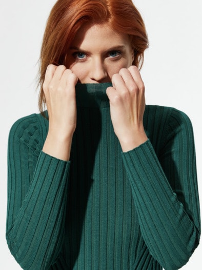 Stehbund-Pullover Diagonalrippe Smaragd
