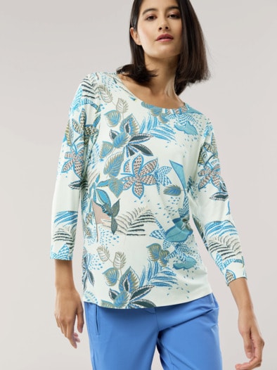 Viskoseshirt blue leaves Offwhite/Blau