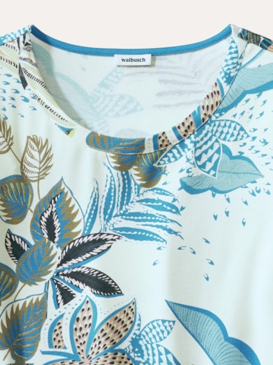 Viskoseshirt blue leaves Offwhite/Blau