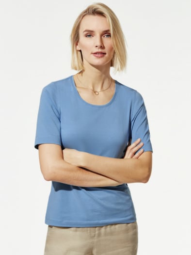 Baumwoll-Basic-Shirt Halbarm Jeansblau