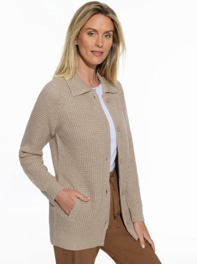 Merino-Strickjacke Waffelstruktur Safaribeige