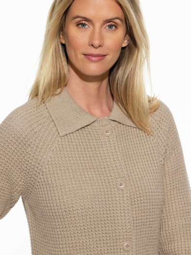 Merino-Strickjacke Waffelstruktur Safaribeige