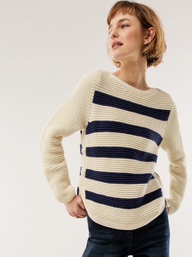 Breton-Pullover Baumwollmix Creme/Marine