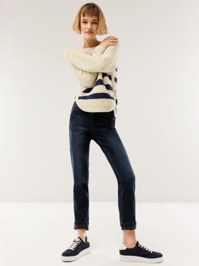 Breton-Pullover Baumwollmix Creme/Marine