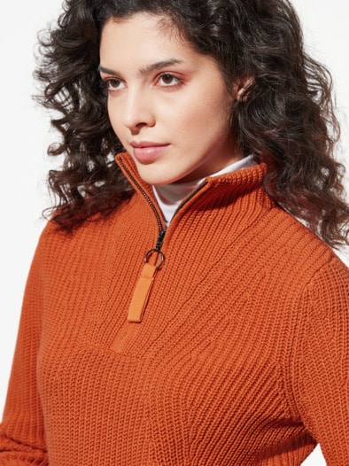 Baumwoll-Pullover Troyerkragen Terracotta