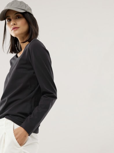 Baumwoll-Basic-Shirt Langarm Schwarz