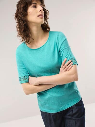 Baumwollshirt Dekospitze Wasserblau