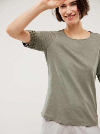 Baumwollshirt Dekospitze Khaki