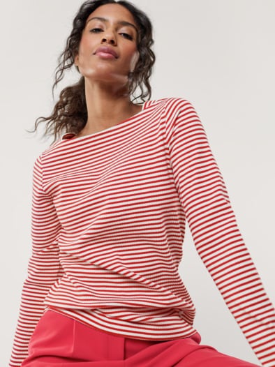 Baumwollshirt Ripp Ringel Weiß/Rot