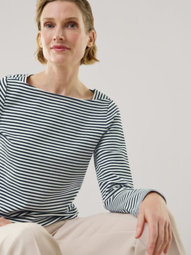 Baumwollshirt Ripp Ringel Weiß/Marine