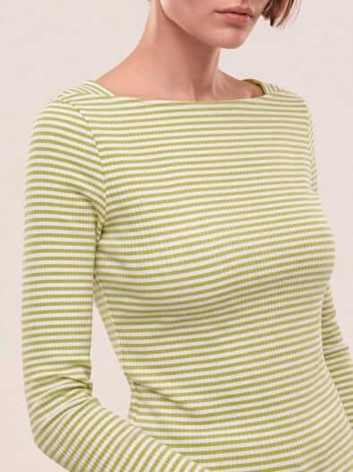 Baumwollshirt Ripp Ringel Weiß/Erbsengrün